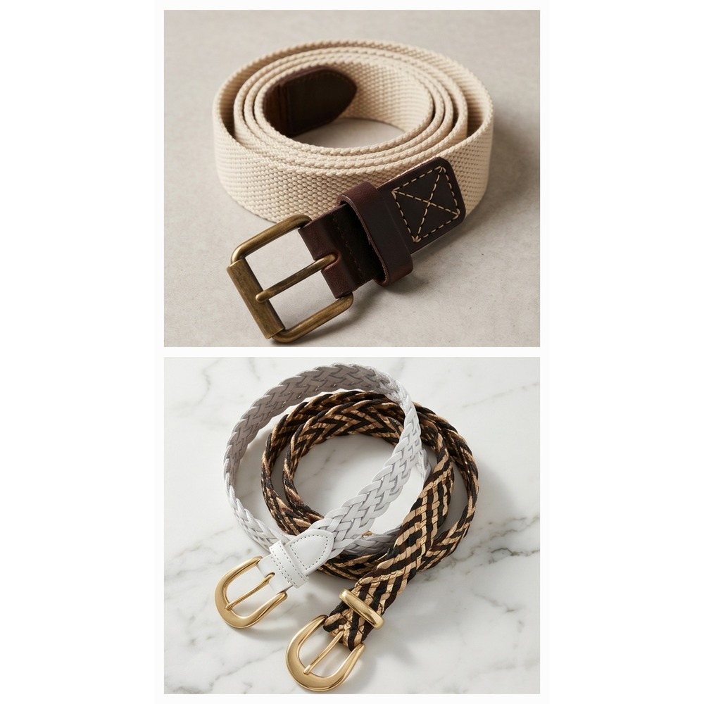 Womens Vintage Belt Lot Braided Gold White Casual Jean Dress Belt Set of 3‎ L XL